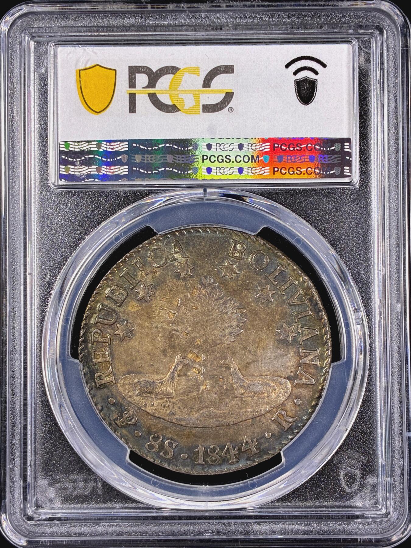 【雨安】【直播拍卖】【第0126期-评级币章】2026-03-07 周六 19:30 (金价1176, 银价22.16) [评级美洲] Bolivia 玻利维亚 8索尔 KM#0103 (1841-1848) 1844年  PCGS-AU58