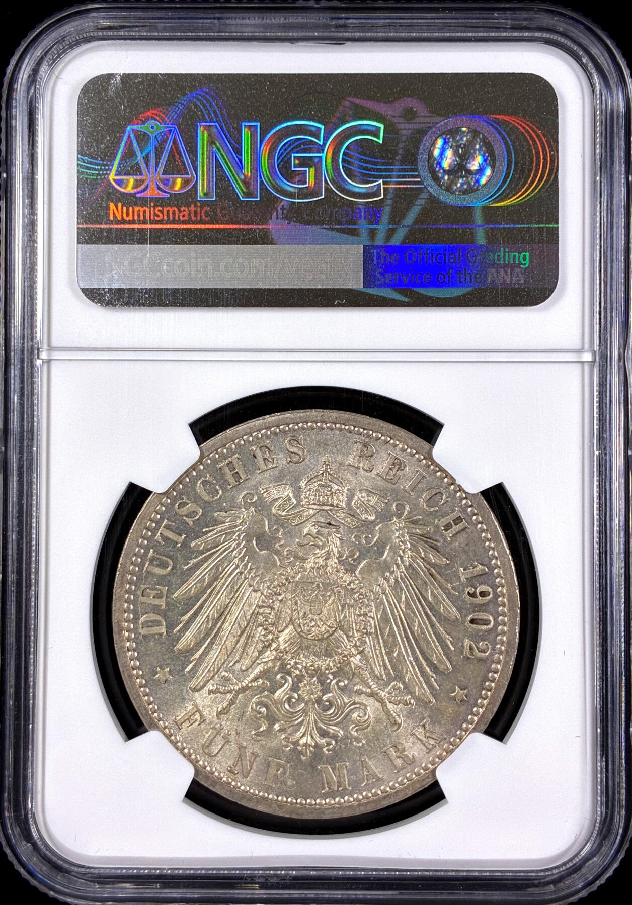 【雨安】【直播拍卖】【第0126期-评级币章】2026-03-07 周六 19:30 (金价1176, 银价22.16) [评级德国] Germany 德国 帝国 J.031 巴登 5马克 (1902) 登基50周年 1902年  NGC-MS63