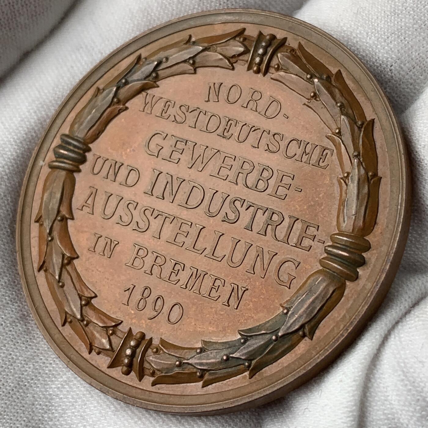 掌中浮雕-藏着的欧洲第053场 1890年德国不莱梅市西北德意志工业博览会纪念铜章，50mm