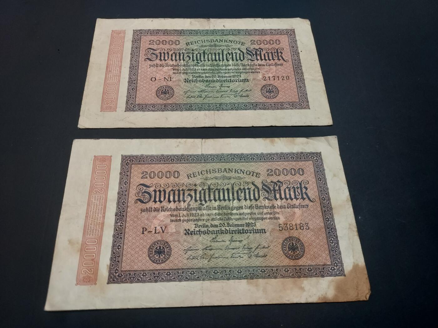 博彦收藏   3月7日 8点钱币专场 全场包邮 1923 德国马克 2张 流通品