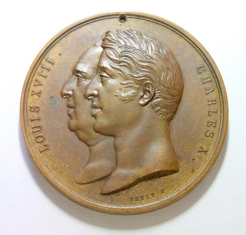 【艺术】法国艺术大章1825年 路易十八和查理十世 巴黎证交所竣工高浮雕精制超大铜章 光边 68MM