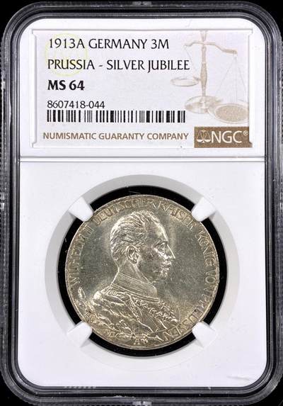 【雨安】【直播拍卖】【第0126期-评级币章】2026-03-07 周六 19:30 (金价1176, 银价22.16) - [评级德国] Germany 德国 帝国 J.112 普鲁士 3马克 (1913) 军装花枝 1913年  NGC-MS64