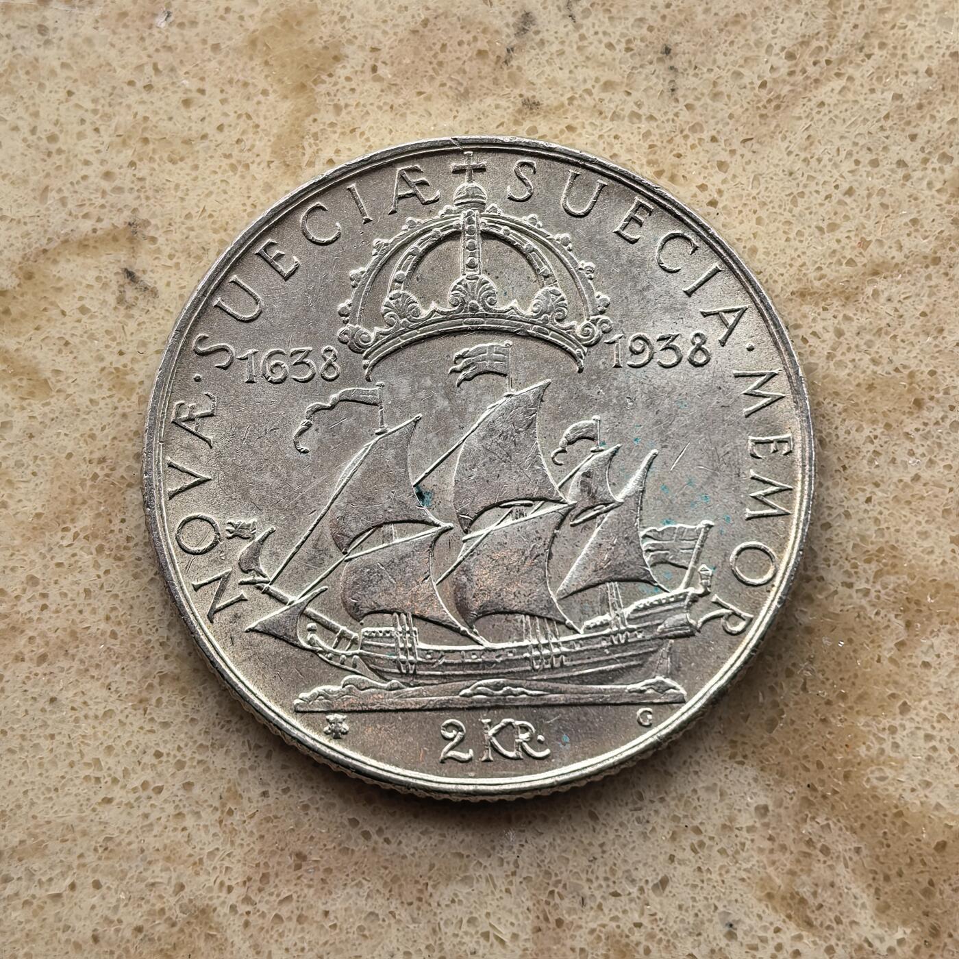 道一币馆币章第一百六十八场 瑞典1938年特拉华定居点建立300周年2克朗银币  15g 800S 