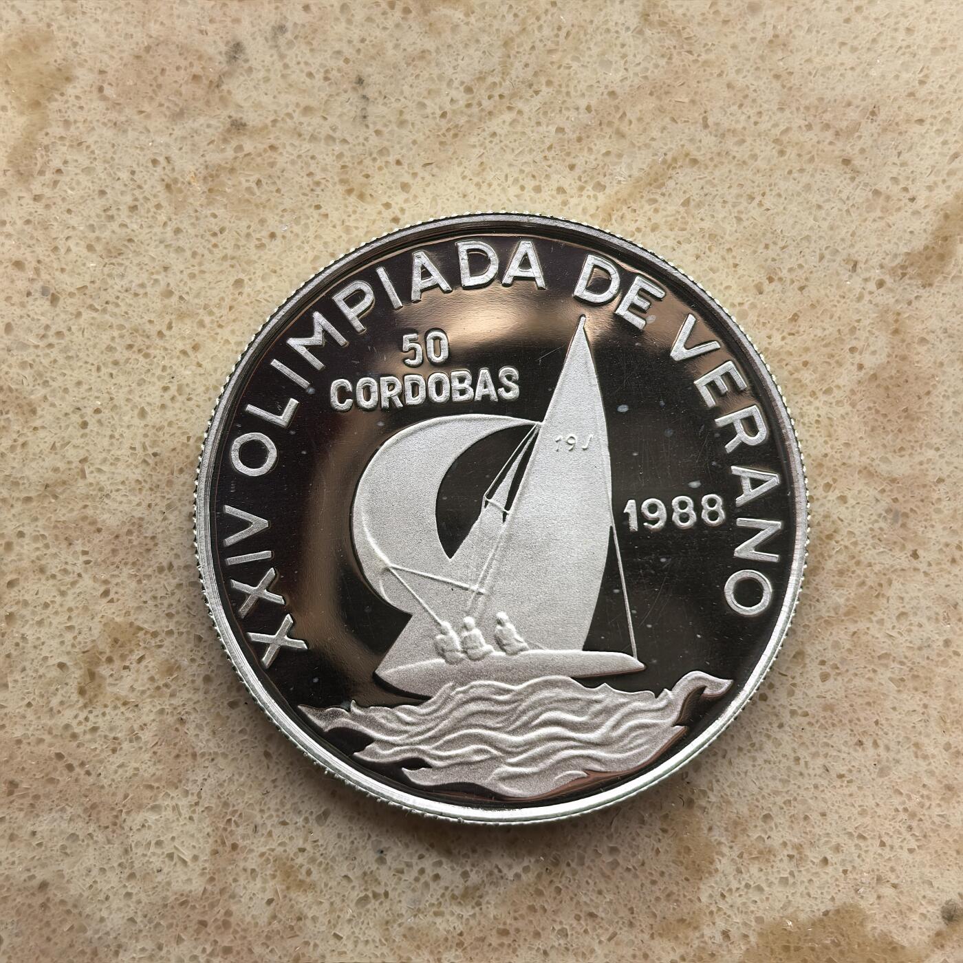 道一币馆币章第一百六十八场 尼加拉瓜1988年汉城奥运会50科尔多瓦精制银币 16.6g 825S 10000