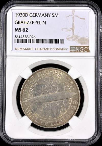 【雨安】【直播拍卖】【第0126期-评级币章】2026-03-07 周六 19:30 (金价1176, 银价22.16) - [评级德国] Germany 德国 魏玛 5马克 KM#68 飞艇 1930年  NGC-MS62