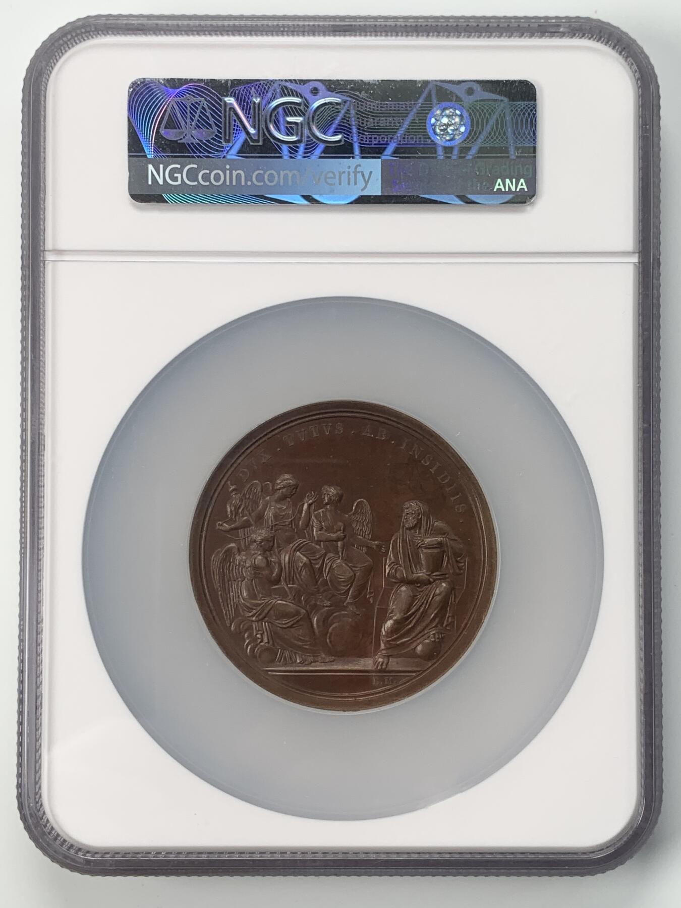 掌中浮雕-藏着的欧洲第053场 NGC MS62 : 1800年意大利刺杀拿破仑事件铜章, 60mm ,Manfredini雕刻，正面为时任法兰西共和国第一执政的拿破仑，此款头像不多见