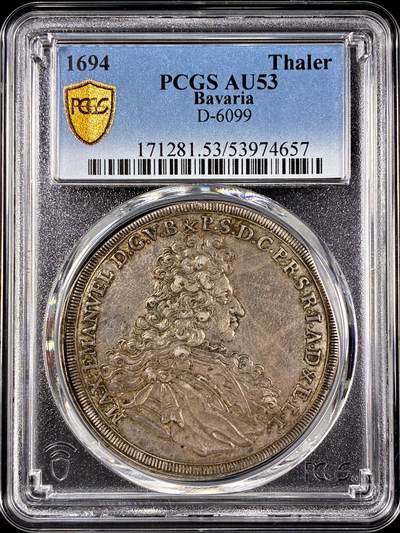【雨安】【直播拍卖】【第0126期-评级币章】2026-03-07 周六 19:30 (金价1176, 银价22.16) - [评级德国] Germany 德国 德意志 1泰勒 Bavaria巴伐利亚 KM#0363 1694年  PCGS-AU53 原味欧洲淡美包浆