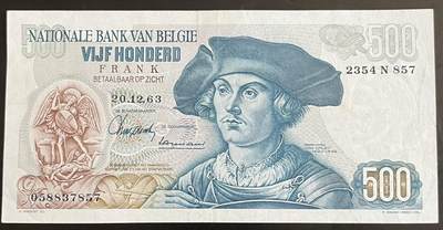 小福收藏拍卖第202期 流通品相裸钞 特惠场 本场全部为欧洲纸币【佣金仅收2% 不设最低佣金 全场包邮】 - 比利时 1963年 500法郎 AUNC