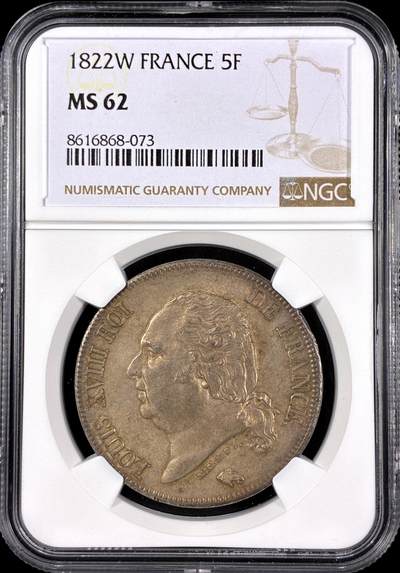 【雨安】【直播拍卖】【第0126期-评级币章】2026-03-07 周六 19:30 (金价1176, 银价22.16) - [评级法国] France 法国 5法郎 KM#0711 (1816-1824) 路易十八 1822年  NGC-MS62