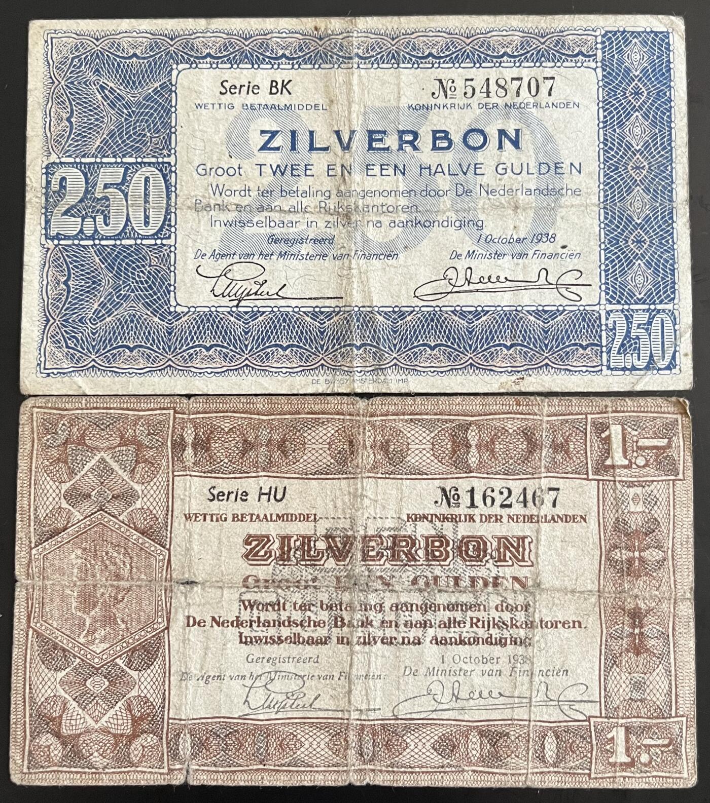 小福收藏拍卖第202期 流通品相裸钞 特惠场 本场全部为欧洲纸币【佣金仅收2% 不设最低佣金 全场包邮】 荷兰 1938年 1+2.5盾 1组2张