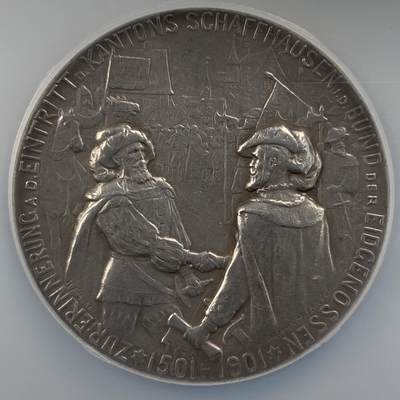 掌中浮雕-藏着的欧洲第053场 - NGC MS63 : 1901年沙夫豪森加入瑞士联邦400周年银章，48mm