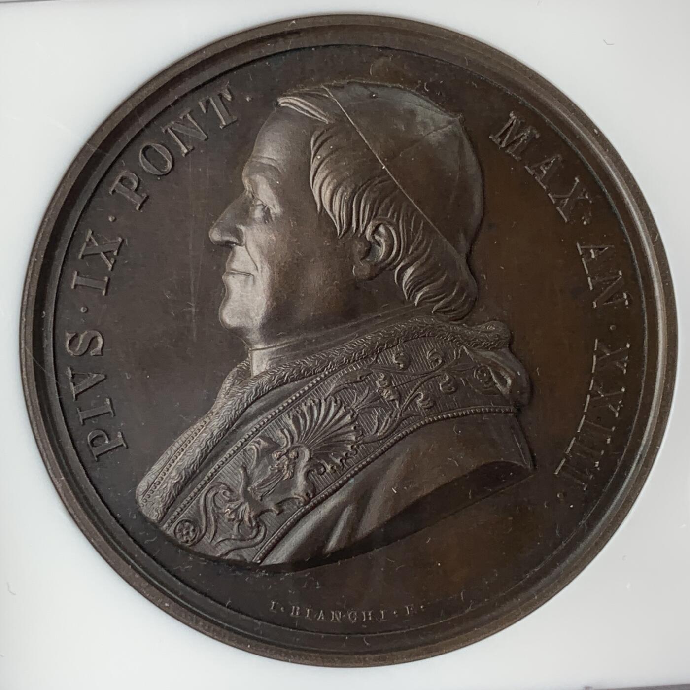 掌中浮雕-藏着的欧洲第053场 NGC MS63 ：1868年梵蒂冈教皇庇护九世纪念铜章，44mm