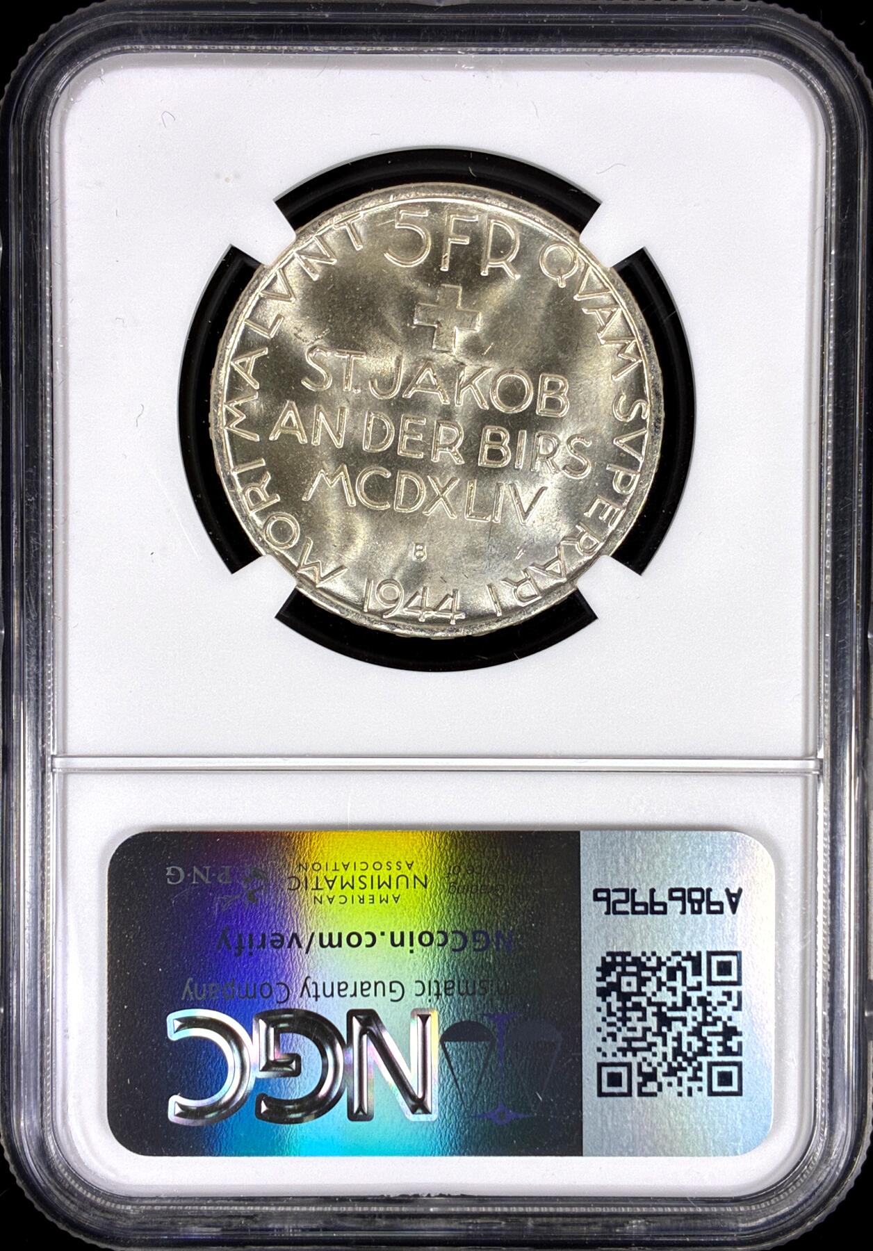 【雨安】【直播拍卖】【第0126期-评级币章】2026-03-07 周六 19:30 (金价1176, 银价22.16) [评级欧洲] Switzerland 瑞士 5法郎 1944年 圣雅各布比尔斯战役 KM# 45  NGC-MS66