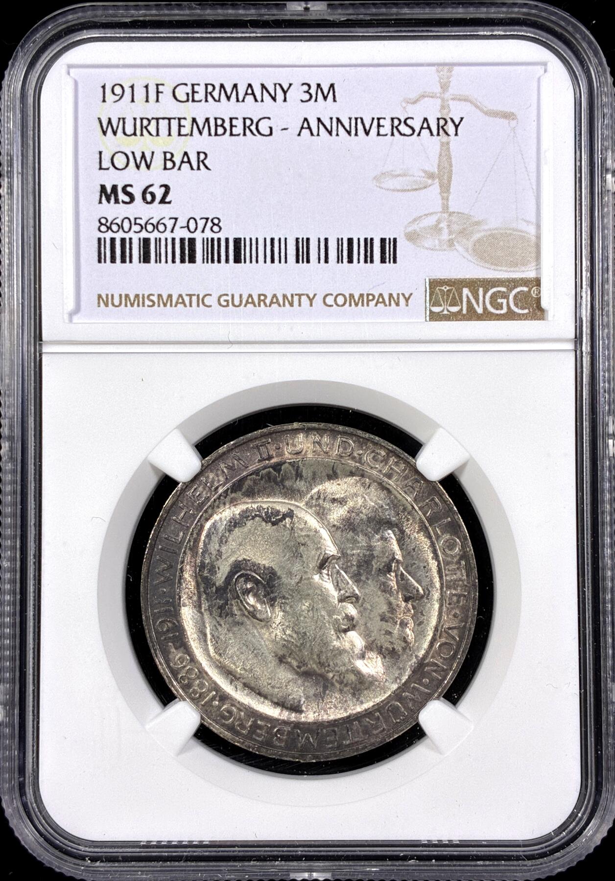 【雨安】【直播拍卖】【第0126期-评级币章】2026-03-07 周六 19:30 (金价1176, 银价22.16) [评级德国] Germany 德国 帝国 符腾堡 3马克 (1911) 金婚 1911年  NGC-MS62