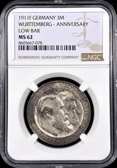 【雨安】【直播拍卖】【第0126期-评级币章】2026-03-07 周六 19:30 (金价1176, 银价22.16) - [评级德国] Germany 德国 帝国 符腾堡 3马克 (1911) 金婚 1911年  NGC-MS62