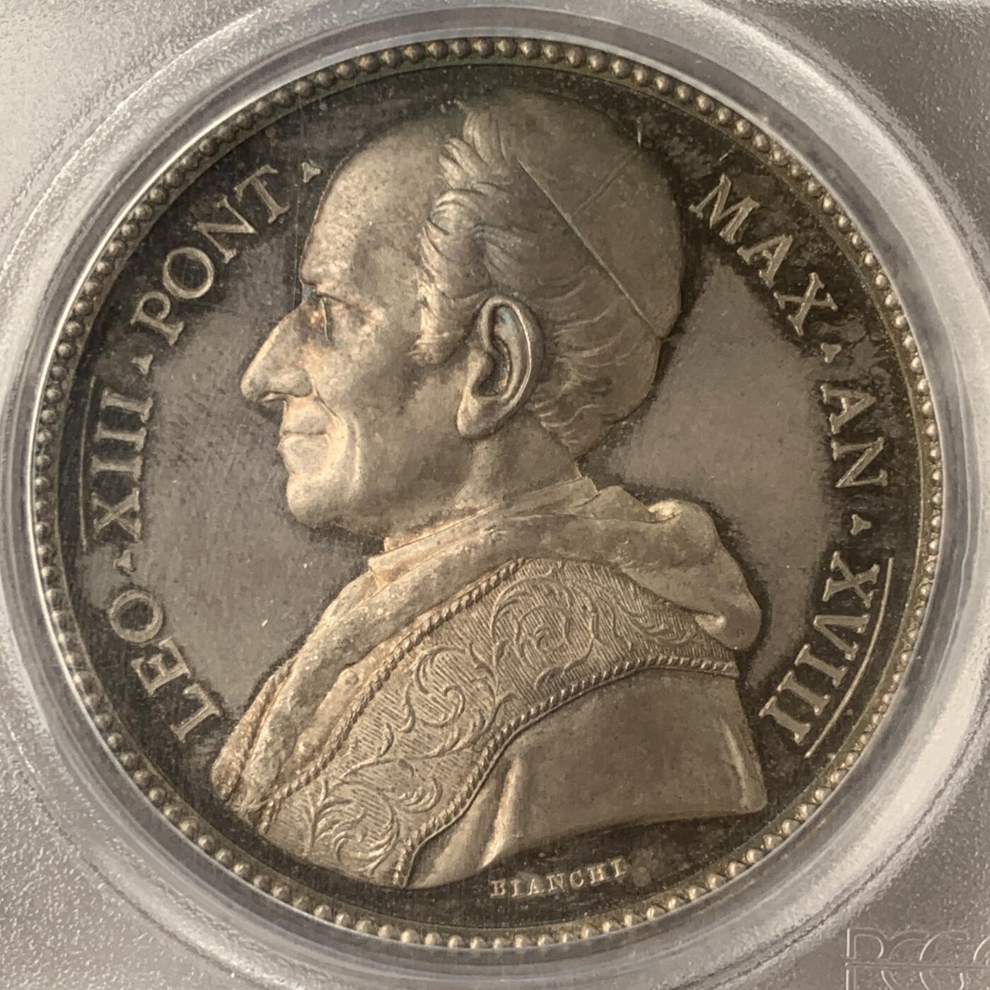 掌中浮雕-藏着的欧洲第053场 PCGS SP65 : 1895年梵蒂冈教皇利奥十三世，阿尔蒂诺安瑟学院银章，43mm