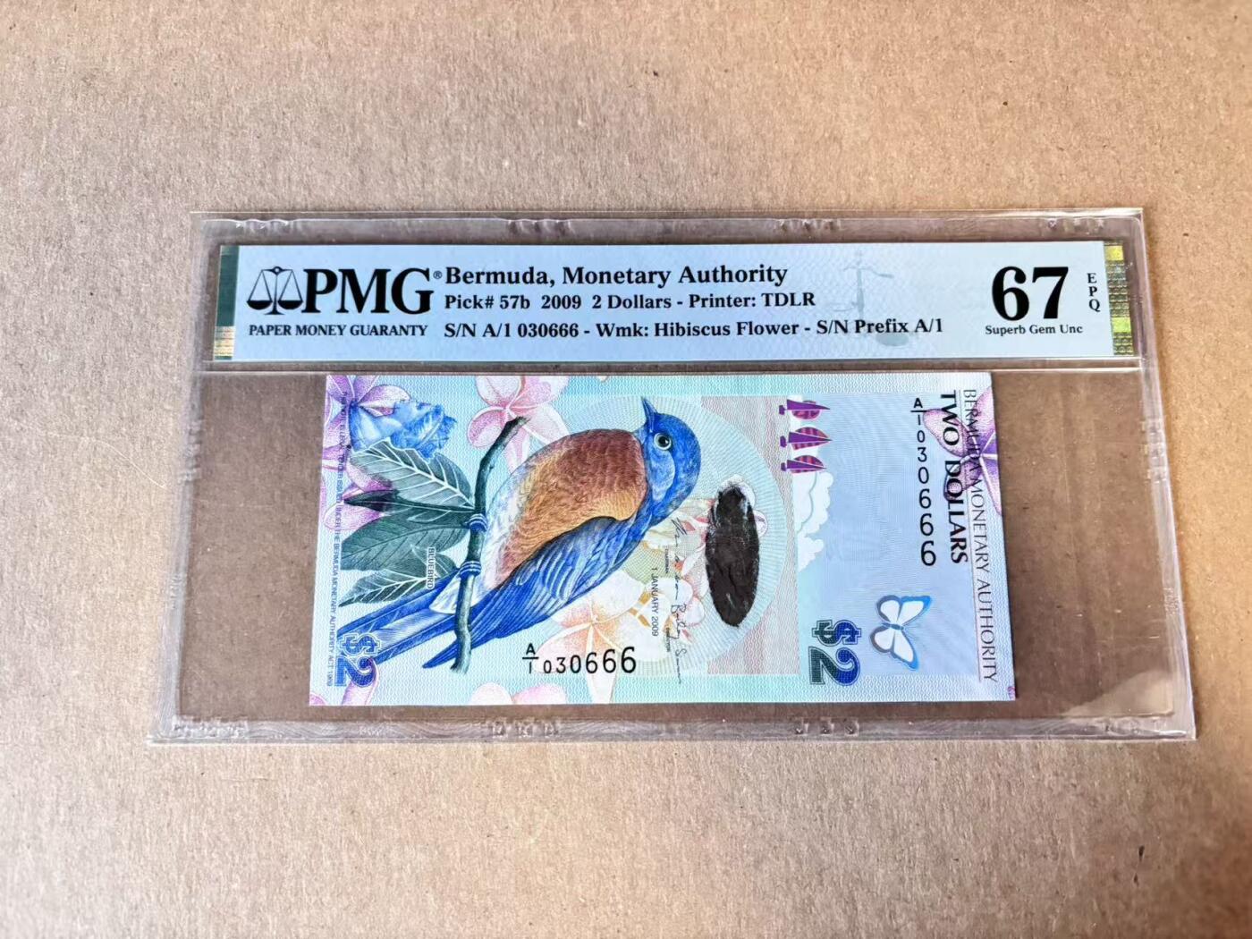(800期大拍拍品火热征集中🔥）【Blue Auction】世界纸币精拍第790期——18级TOP拍卖/信誉/品质/专业/高效💫  【A/1冠 666豹子号无47】百慕大 2009年2元 蓝鸟 PMG67EPQ