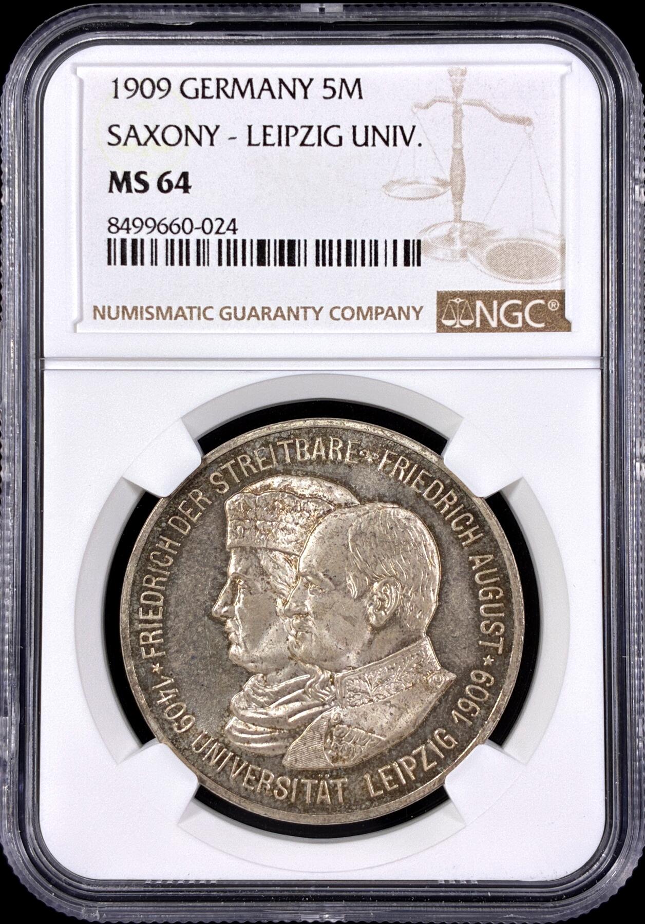 【雨安】【直播拍卖】【第0126期-评级币章】2026-03-07 周六 19:30 (金价1176, 银价22.16) [评级德国] Germany 德国 帝国 J.139 萨克森 5马克 (1909) 莱比锡大学 1909年  NGC-MS64