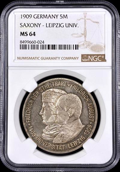 【雨安】【直播拍卖】【第0126期-评级币章】2026-03-07 周六 19:30 (金价1176, 银价22.16) - [评级德国] Germany 德国 帝国 J.139 萨克森 5马克 (1909) 莱比锡大学 1909年  NGC-MS64