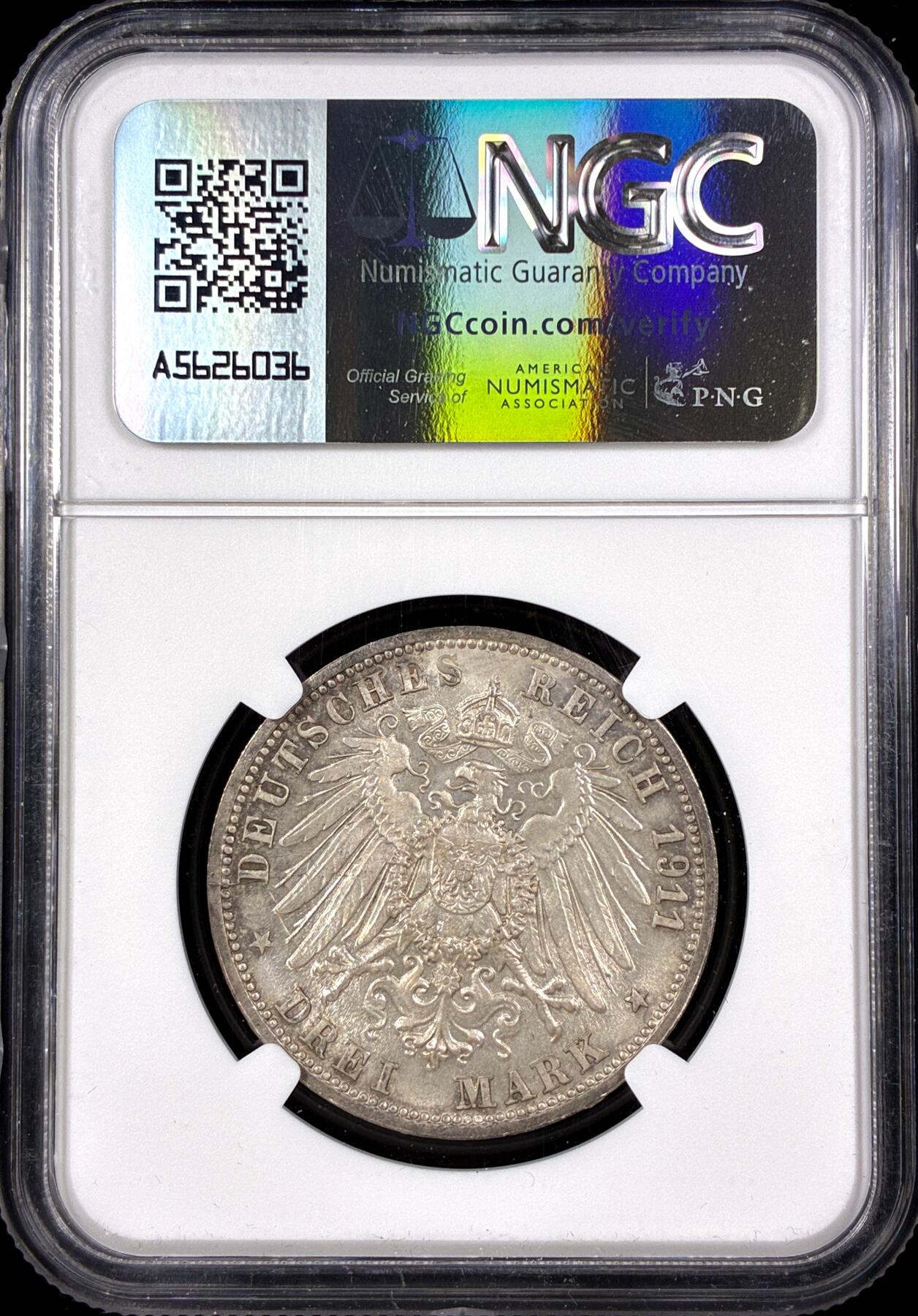 【雨安】【直播拍卖】【第0126期-评级币章】2026-03-07 周六 19:30 (金价1176, 银价22.16) [评级德国] Germany 德国 帝国 符腾堡 3马克 (1911) 金婚 1911年  NGC-MS62