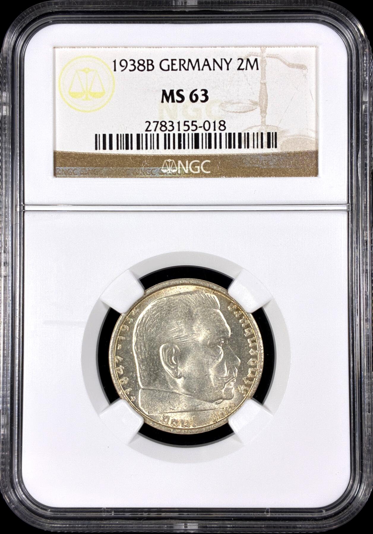 【雨安】【直播拍卖】【第0126期-评级币章】2026-03-07 周六 19:30 (金价1176, 银价22.16) [评级德国] Germany 德国 第三帝国 2马克 KM#0093 (1936-1939) 万字 1938年B  NGC-MS63