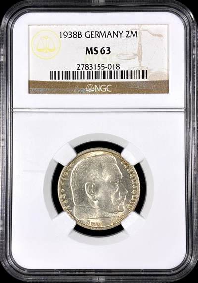 【雨安】【直播拍卖】【第0126期-评级币章】2026-03-07 周六 19:30 (金价1176, 银价22.16) - [评级德国] Germany 德国 第三帝国 2马克 KM#0093 (1936-1939) 万字 1938年B  NGC-MS63