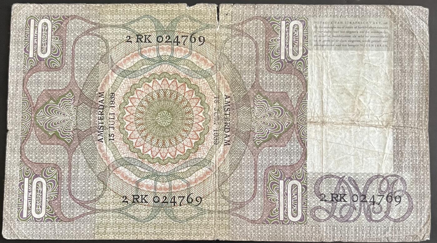 小福收藏拍卖第202期 流通品相裸钞 特惠场 本场全部为欧洲纸币【佣金仅收2% 不设最低佣金 全场包邮】 荷兰 1939年 10盾