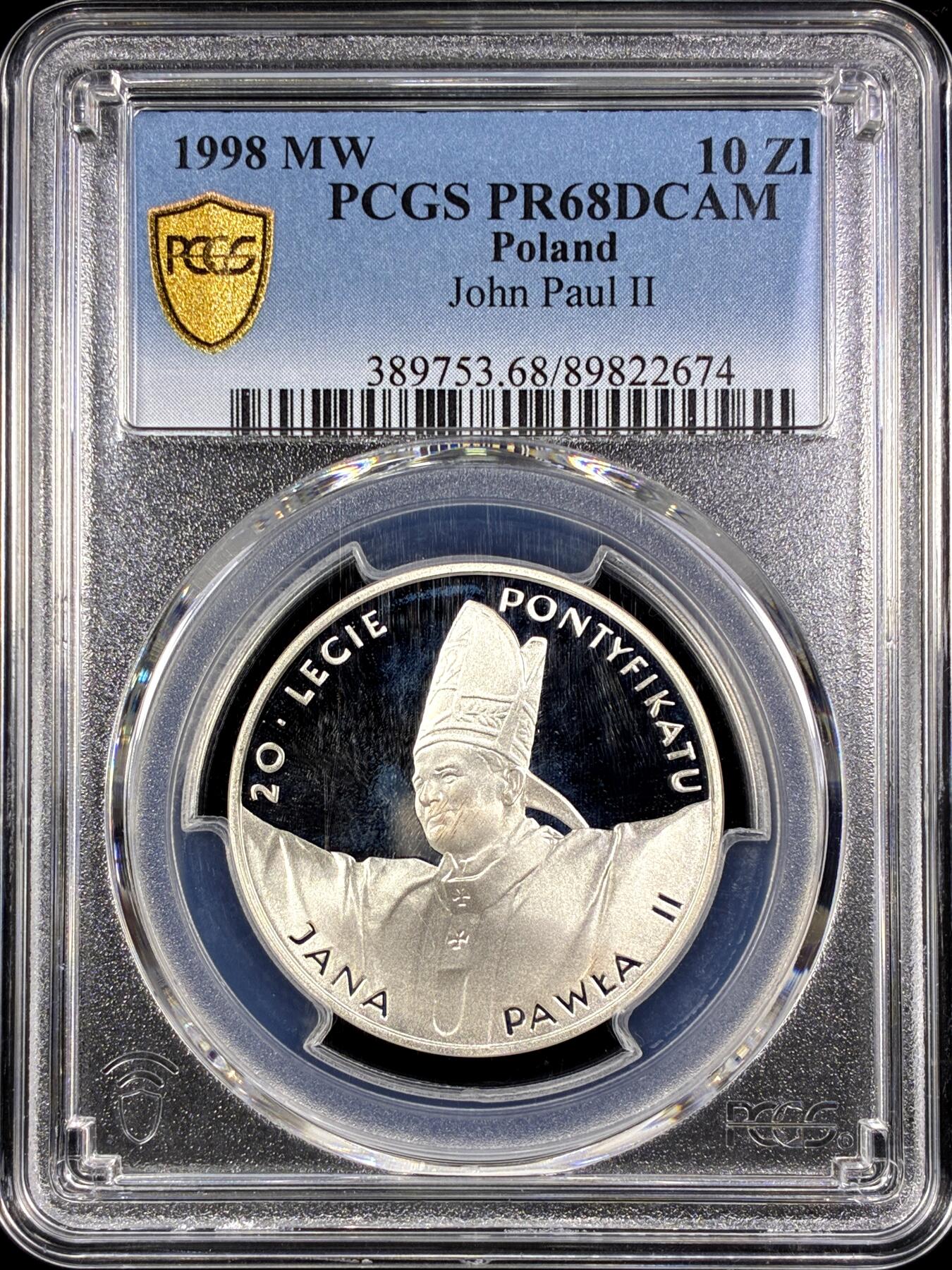 【雨安】【直播拍卖】【第0126期-评级币章】2026-03-07 周六 19:30 (金价1176, 银价22.16) [评级现代] Poland 波兰 10兹罗提 1998年 圣若望·保禄二世 [14.14克,  0.925银] PCGS-PR68DCAM 精制币