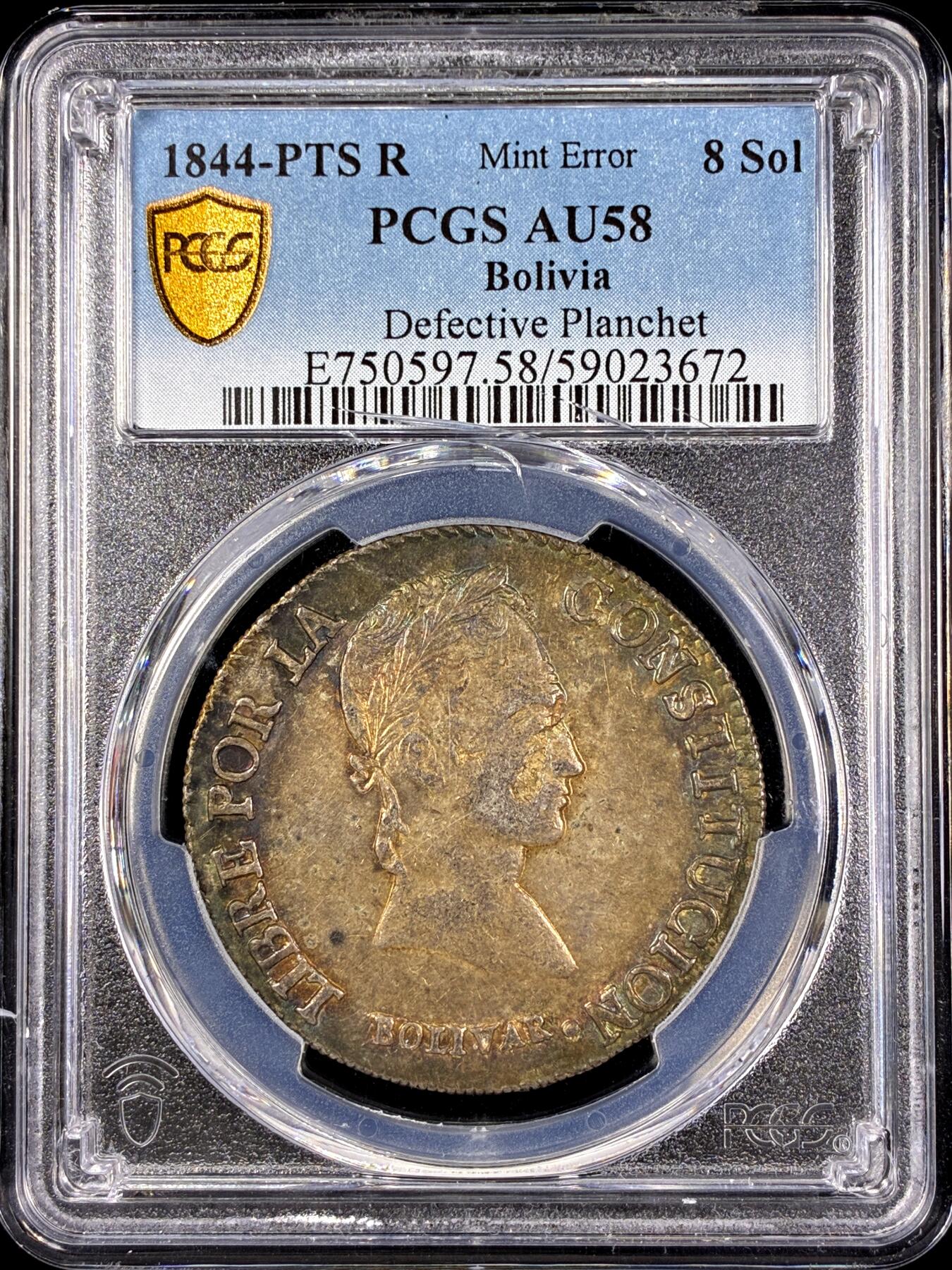 【雨安】【直播拍卖】【第0126期-评级币章】2026-03-07 周六 19:30 (金价1176, 银价22.16) [评级美洲] Bolivia 玻利维亚 8索尔 KM#0103 (1841-1848) 1844年  PCGS-AU58