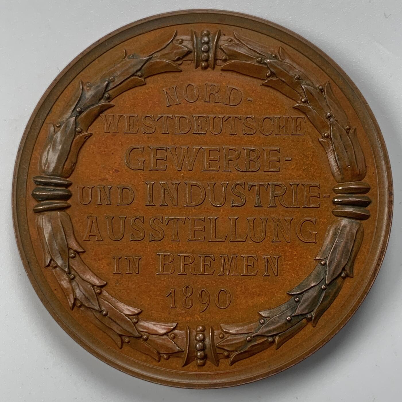 掌中浮雕-藏着的欧洲第053场 1890年德国不莱梅市西北德意志工业博览会纪念铜章，50mm