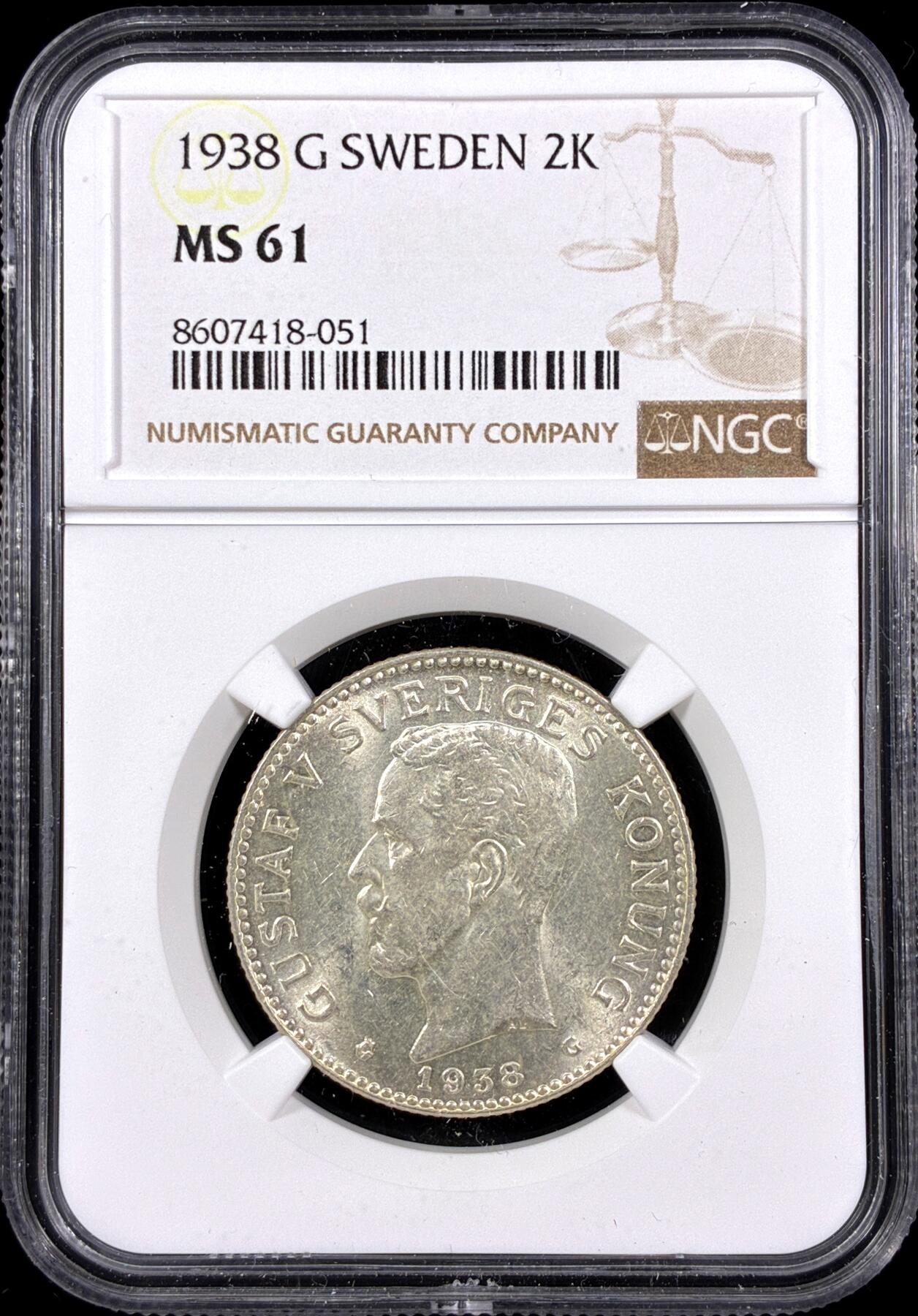 【雨安】【直播拍卖】【第0126期-评级币章】2026-03-07 周六 19:30 (金价1176, 银价22.16) [评级欧洲] Sweden 瑞典 2克朗 1938年 古斯塔夫五世  NGC-MS61