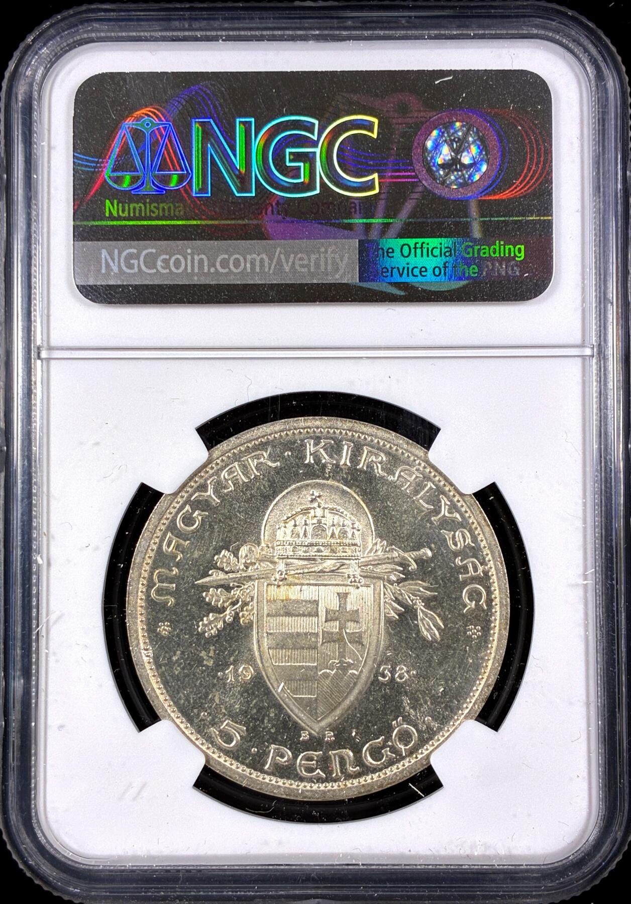 【雨安】【直播拍卖】【第0126期-评级币章】2026-03-07 周六 19:30 (金价1176, 银价22.16) [评级欧洲] Hungary 匈牙利 5潘果 1938年 匈牙利首位国王圣斯蒂芬一世  NGC-MS64