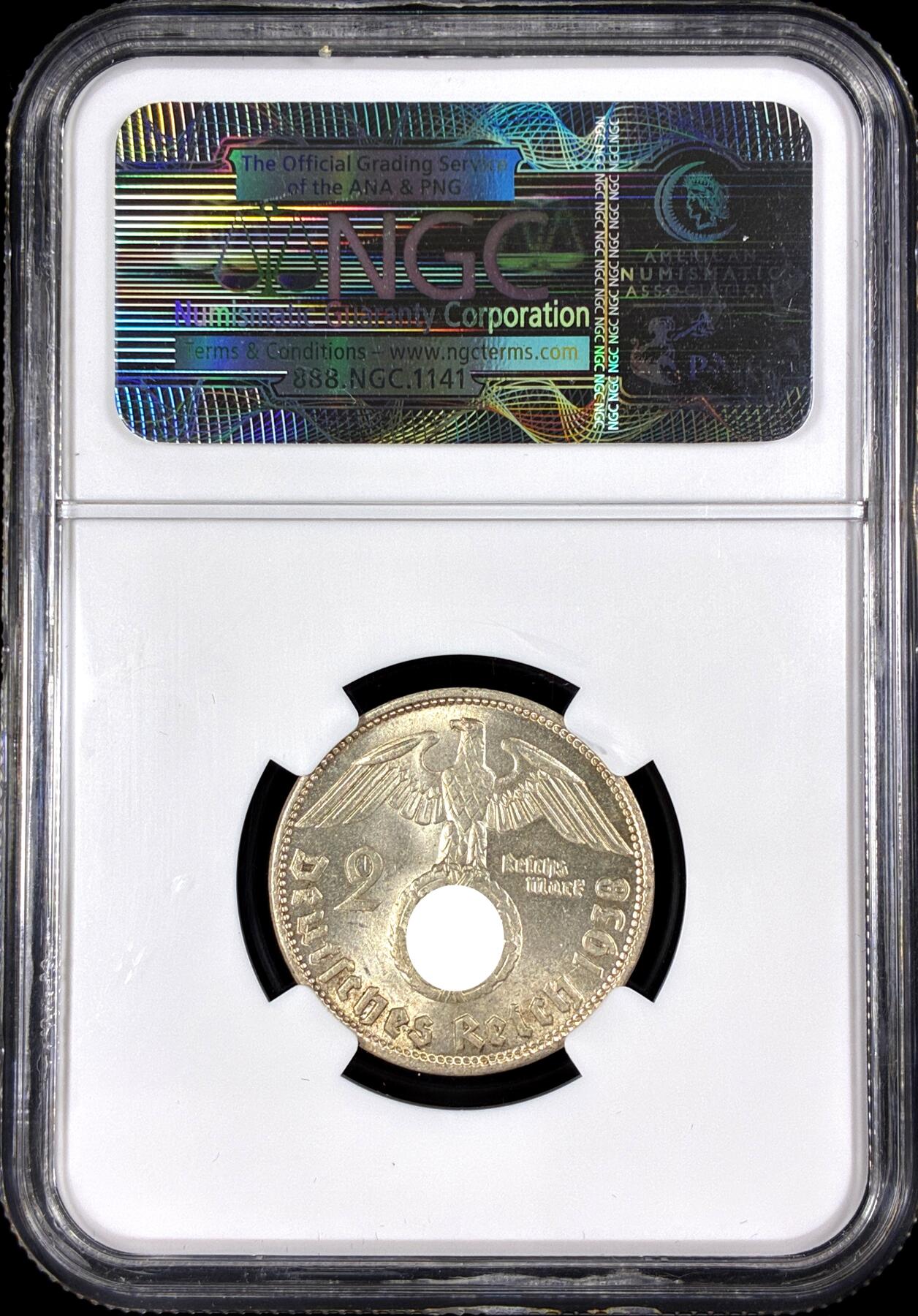 【雨安】【直播拍卖】【第0126期-评级币章】2026-03-07 周六 19:30 (金价1176, 银价22.16) [评级德国] Germany 德国 第三帝国 2马克 KM#0093 (1936-1939) 万字 1938年B  NGC-MS63