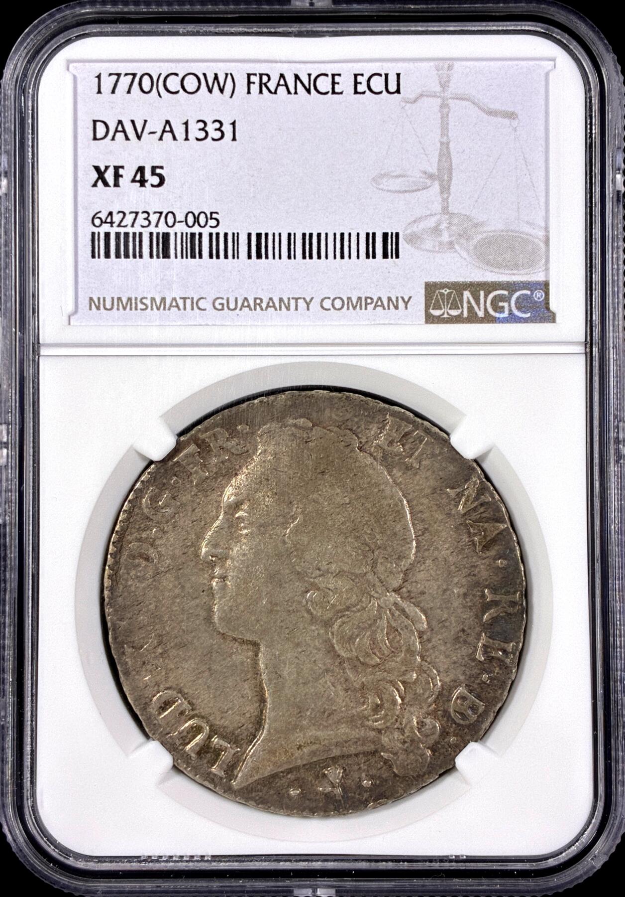 【雨安】【直播拍卖】【第0126期-评级币章】2026-03-07 周六 19:30 (金价1176, 银价22.16) [评级法国] France 法国 1埃居 KM#0512 DAV-1331 路易十五 中年 1770年  NGC-XF45