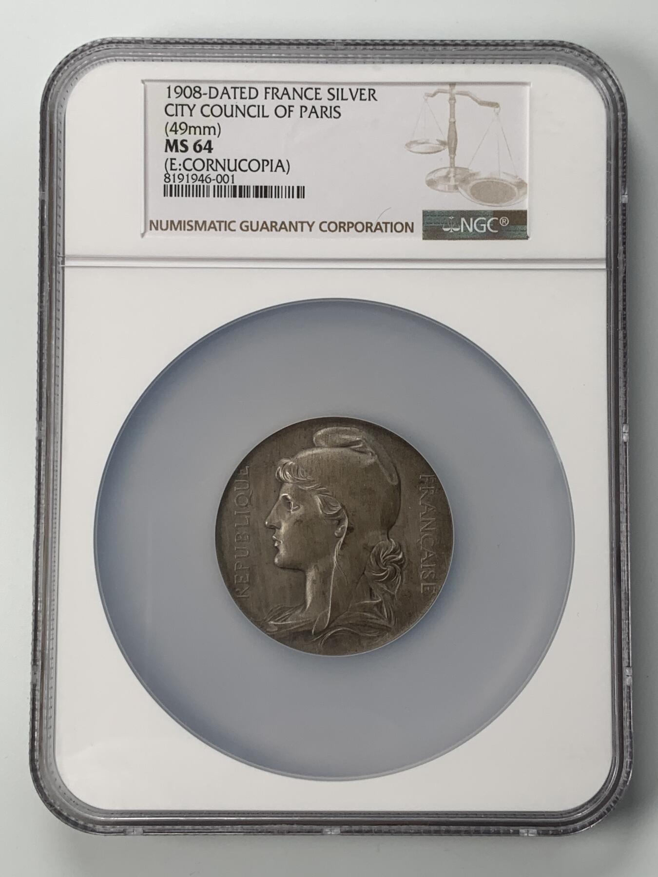 掌中浮雕-藏着的欧洲第053场 NGC MS64 : 1908年巴黎市议会纪念银章，49mm