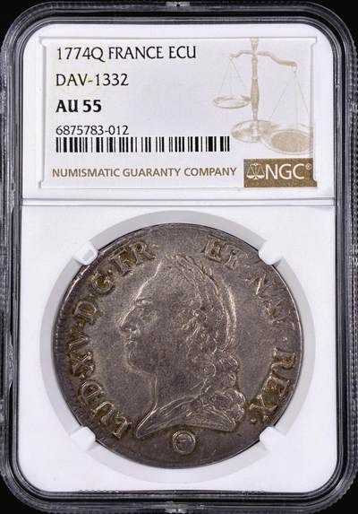 【雨安】【直播拍卖】【第0126期-评级币章】2026-03-07 周六 19:30 (金价1176, 银价22.16) - [评级法国] France 法国 1埃居 1774年 路易十五  NGC-AU55