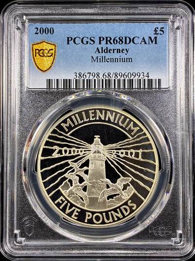 【雨安】【直播拍卖】【第0126期-评级币章】2026-03-07 周六 19:30 (金价1176, 银价22.16) - [评级现代] Alderney 奥尔德尼 5镑 2000年 千禧年 PCGS-PR68DCAM 精制币