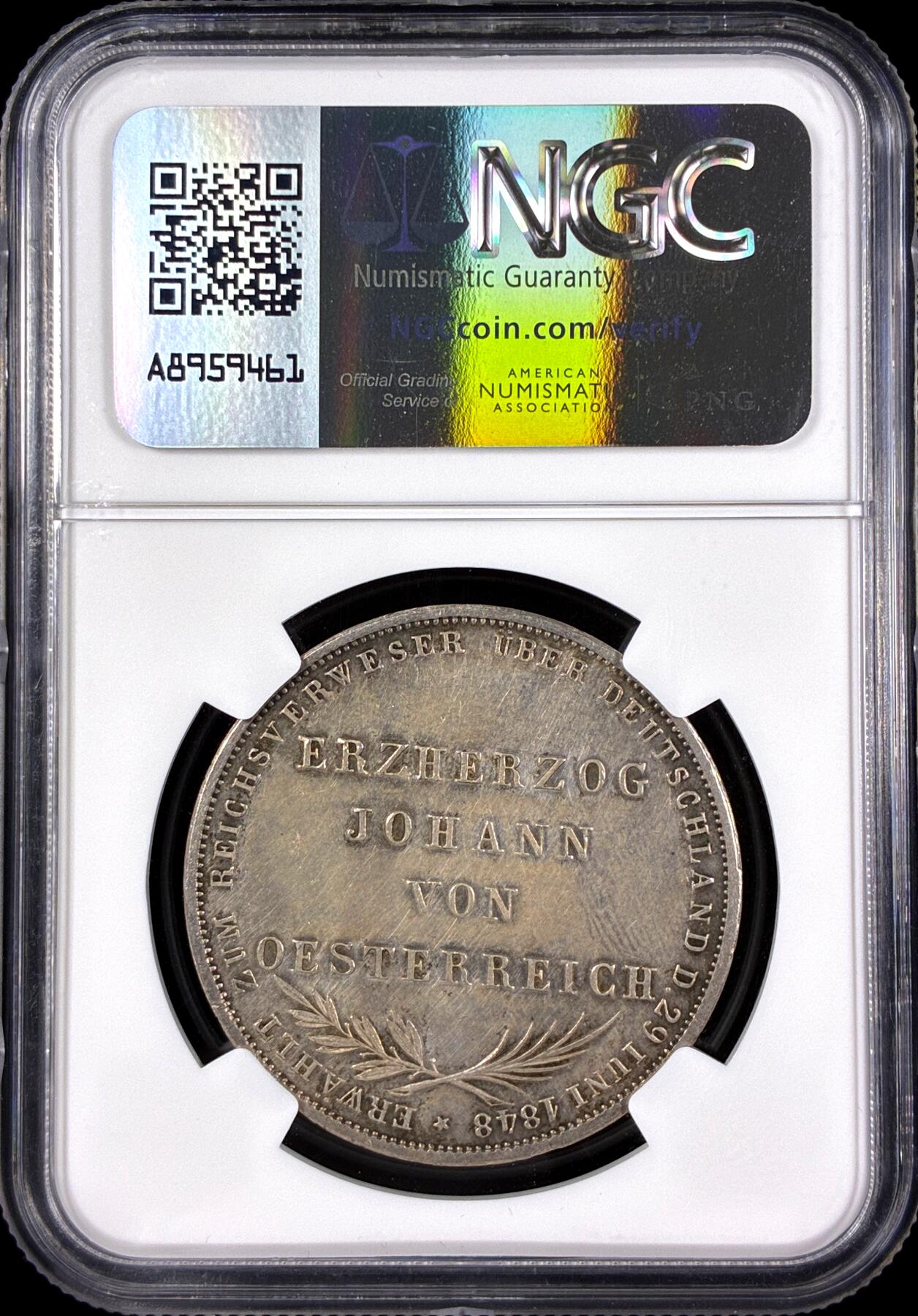 【雨安】【直播拍卖】【第0126期-评级币章】2026-03-07 周六 19:30 (金价1176, 银价22.16) [评级德国] Germany 德国 德意志 2盾 Frankfurt法兰克福 Thun.135 KM#0338 (1848) 奥地利大公 1848年  NGC-UNC 深打