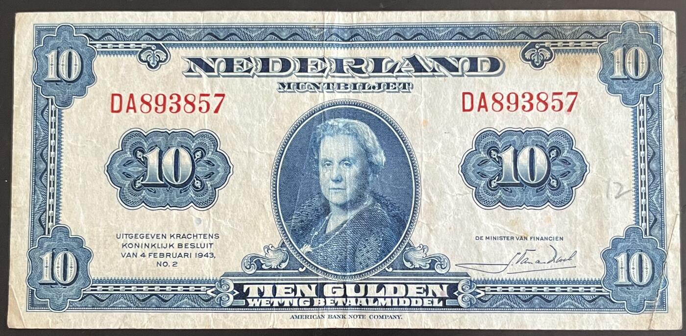 小福收藏拍卖第202期 流通品相裸钞 特惠场 本场全部为欧洲纸币【佣金仅收2% 不设最低佣金 全场包邮】 荷兰 1943年 10盾