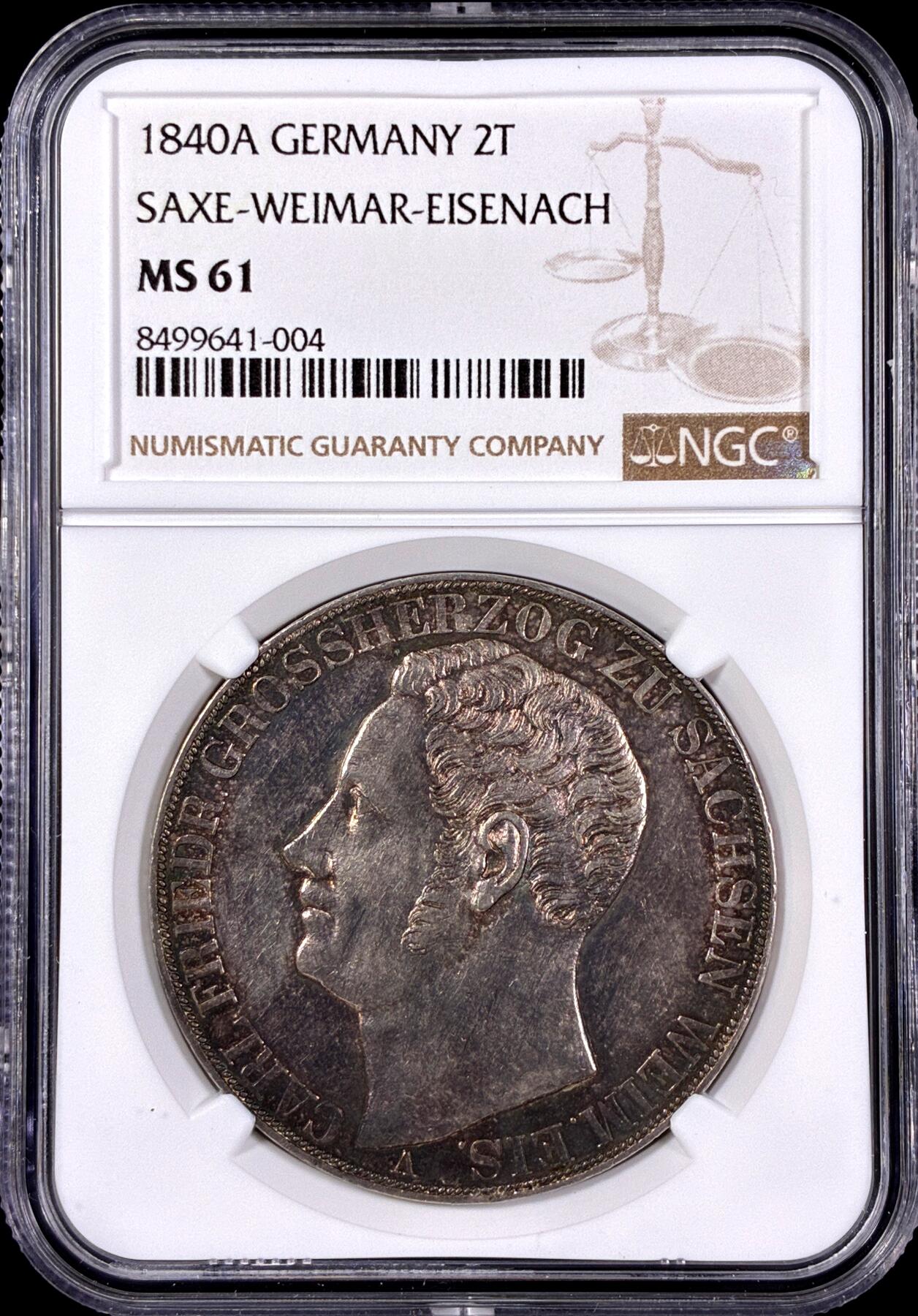 【雨安】【直播拍卖】【第0126期-评级币章】2026-03-07 周六 19:30 (金价1176, 银价22.16) [评级德国] Germany 德国 德意志 2泰勒 Saxony萨克森 Thun.383 KM#0200 (1840-1848) 卡尔·弗里德里希 1840年  NGC-MS61 原味欧洲淡美包浆