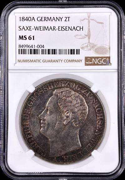 【雨安】【直播拍卖】【第0126期-评级币章】2026-03-07 周六 19:30 (金价1176, 银价22.16) - [评级德国] Germany 德国 德意志 2泰勒 Saxony萨克森 Thun.383 KM#0200 (1840-1848) 卡尔·弗里德里希 1840年  NGC-MS61 原味欧洲淡美包浆