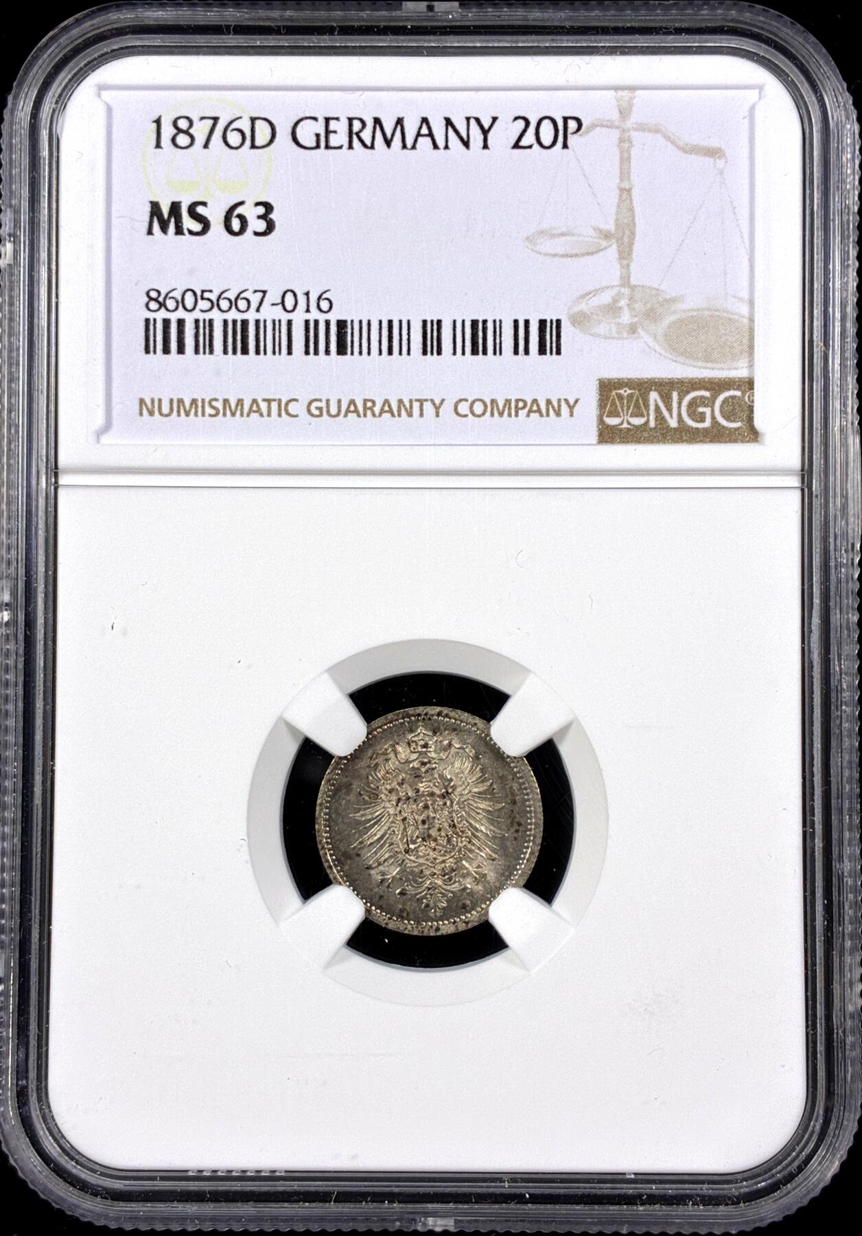 【雨安】【直播拍卖】【第0126期-评级币章】2026-03-07 周六 19:30 (金价1176, 银价22.16) [评级德国] Germany 德国 帝国 20芬尼 1876年D  NGC-MS63