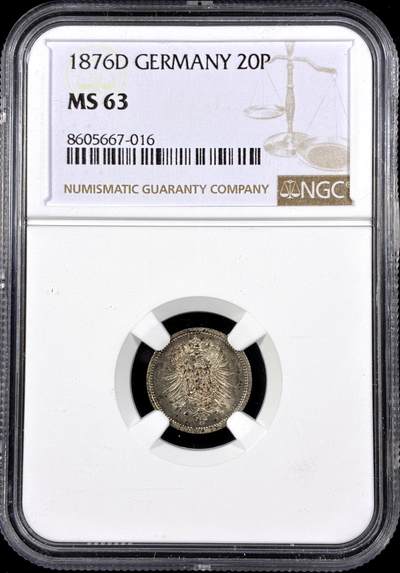 【雨安】【直播拍卖】【第0126期-评级币章】2026-03-07 周六 19:30 (金价1176, 银价22.16) - [评级德国] Germany 德国 帝国 20芬尼 1876年D  NGC-MS63
