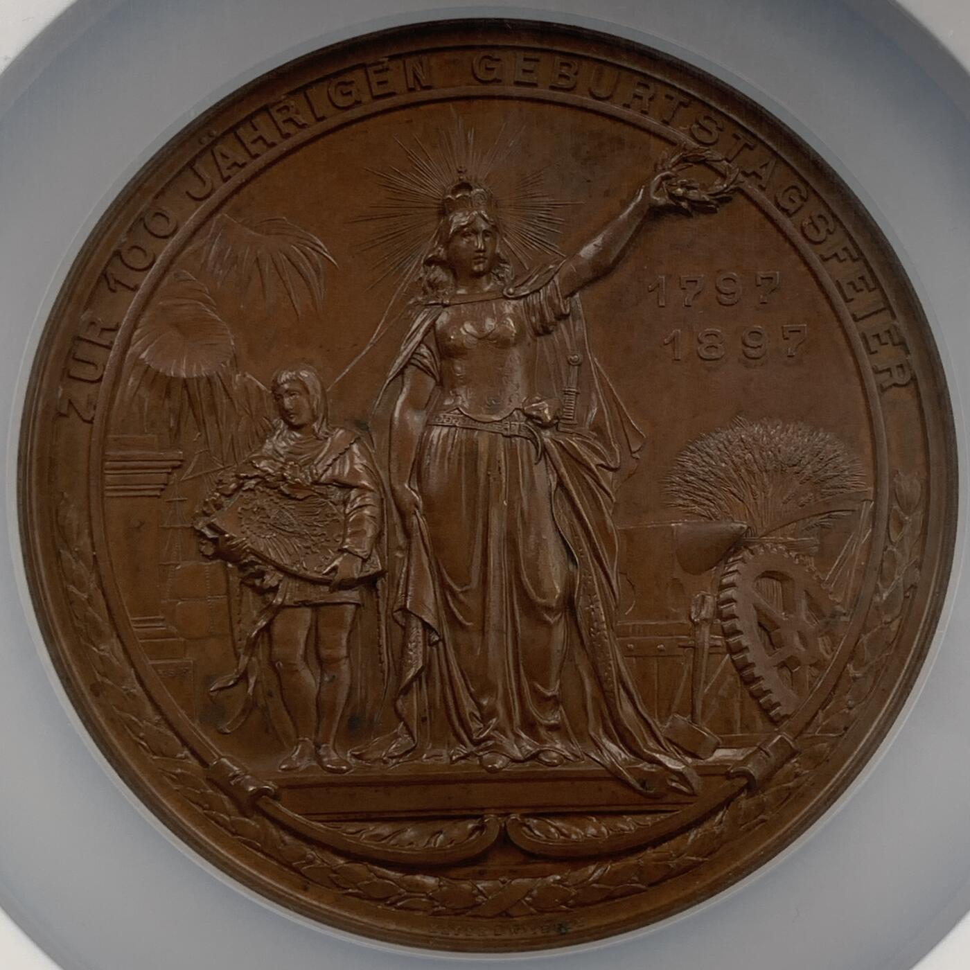 掌中浮雕-藏着的欧洲第053场 NGC UNC : 1897年德国普鲁士威廉一世百年纪念诞辰100周年纪念大铜章 , 75mm 