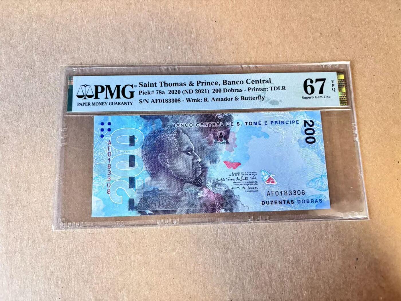 (800期大拍拍品火热征集中🔥）【Blue Auction】世界纸币精拍第790期——18级TOP拍卖/信誉/品质/专业/高效💫  【AF首发冠无47】圣多美和普林西比 2021年200多布拉 PMG67EPQ 
