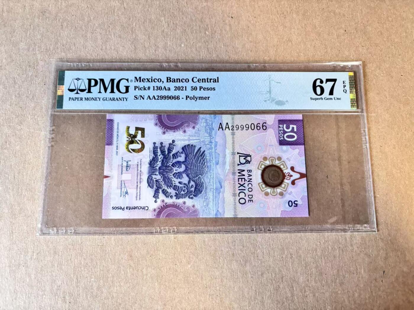 (800期大拍拍品火热征集中🔥）【Blue Auction】世界纸币精拍第790期——18级TOP拍卖/信誉/品质/专业/高效💫  【AA无47 获奖钞】墨西哥 2021年50比索 PMG67EPQ 