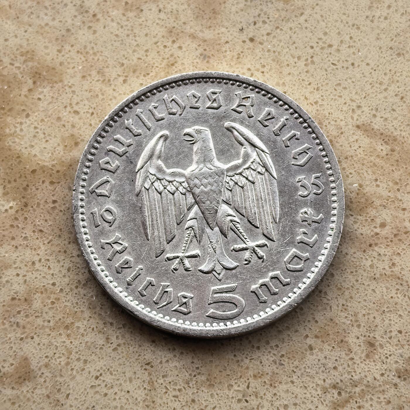 道一币馆币章第一百六十八场 德国1935年兴登堡飞鹰5马克银币