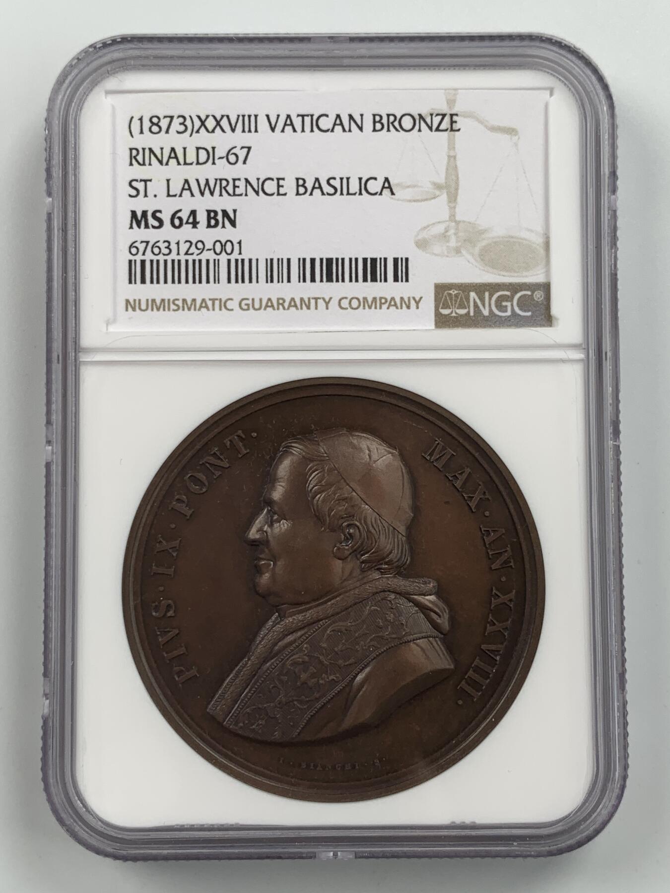 掌中浮雕-藏着的欧洲第053场 NGC MS64 : 1873年圣劳伦提乌斯教堂修复纪念铜章，教皇庇护九世（1846-1878年在位），44mm