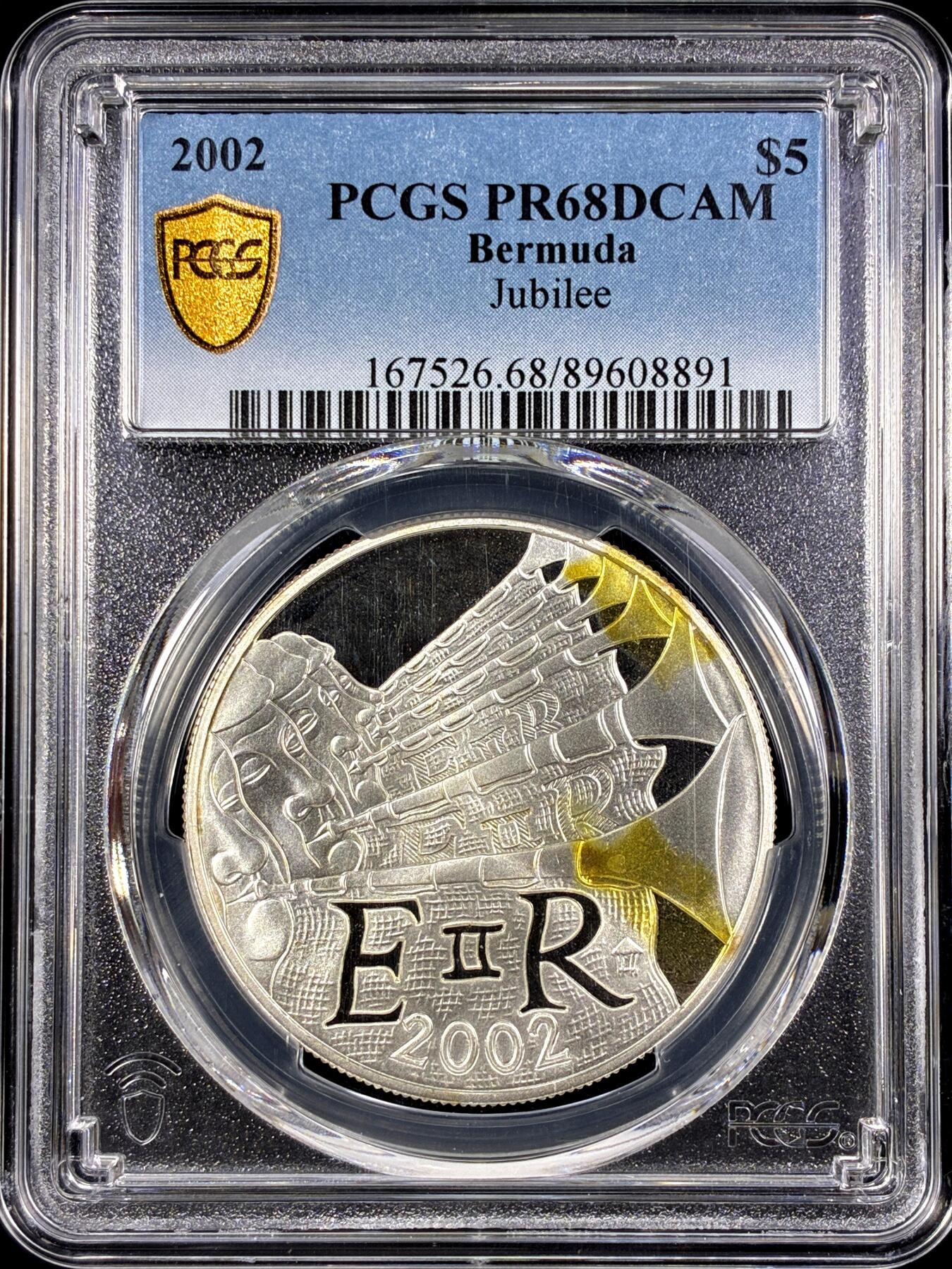 【雨安】【直播拍卖】【第0126期-评级币章】2026-03-07 周六 19:30 (金价1176, 银价22.16) [评级现代] Bermuda 百慕大 5元 2002年 伊丽莎白二世登基50周年 [28.28克,  0.925银] PCGS-PR68DCAM 精制币