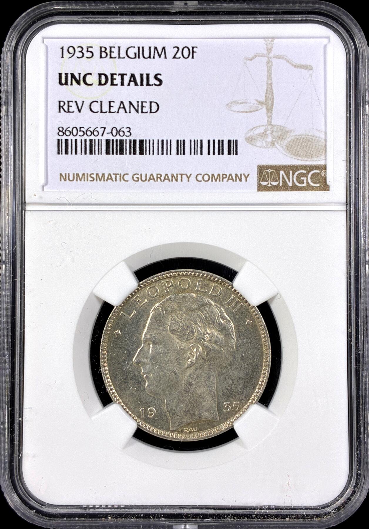 【雨安】【直播拍卖】【第0126期-评级币章】2026-03-07 周六 19:30 (金价1176, 银价22.16) [评级欧洲] Belgium 比利时 20法郎 1935年 阿尔贝托  NGC-UNC